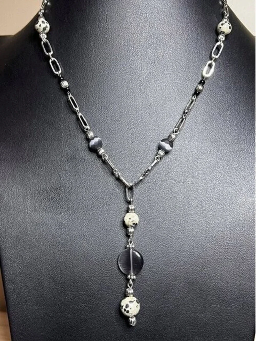 B6581 Lia Sophia Y-Drop Necklace Adjustable Long Dalmatian Jasper Cat Eye Beads